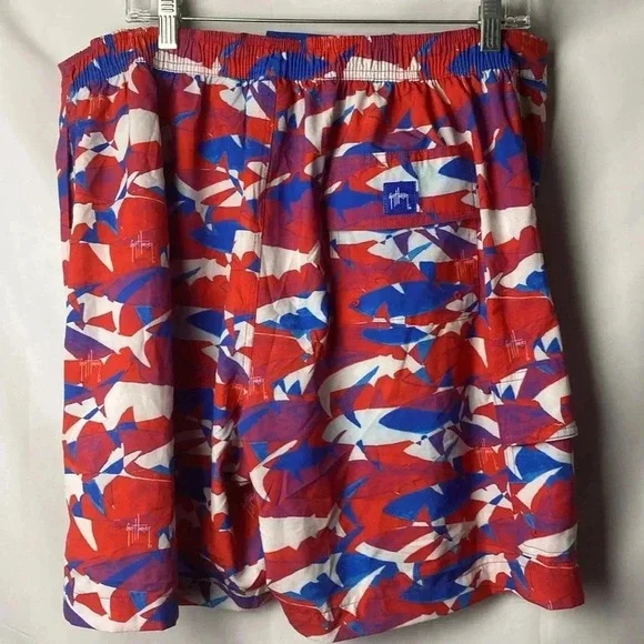 GUY HARVEY MENS XL RED WHITE BLUE SHARK DESIGN BOARD SWIM SHORTS ELASTIC WAIST - Picture 10 of 14